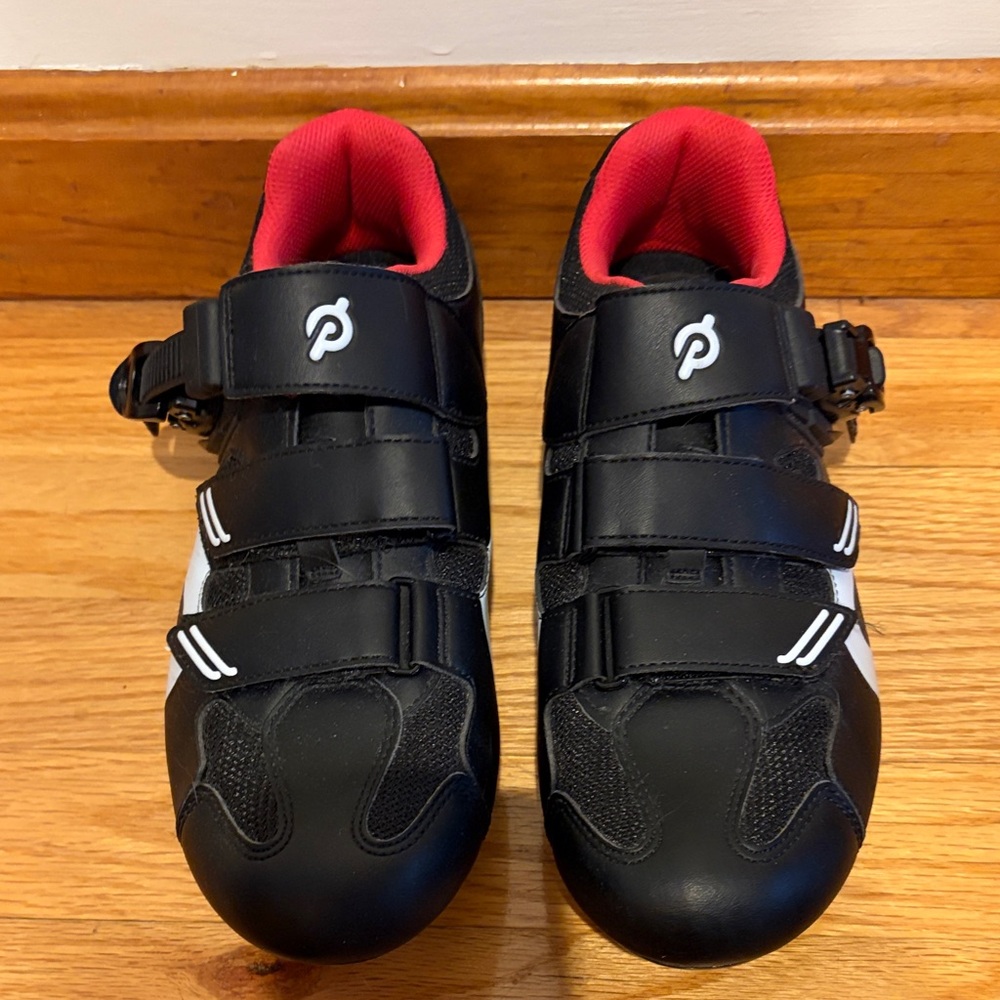 Peloton Black Cycling Shoes with Red Lining and White Accents